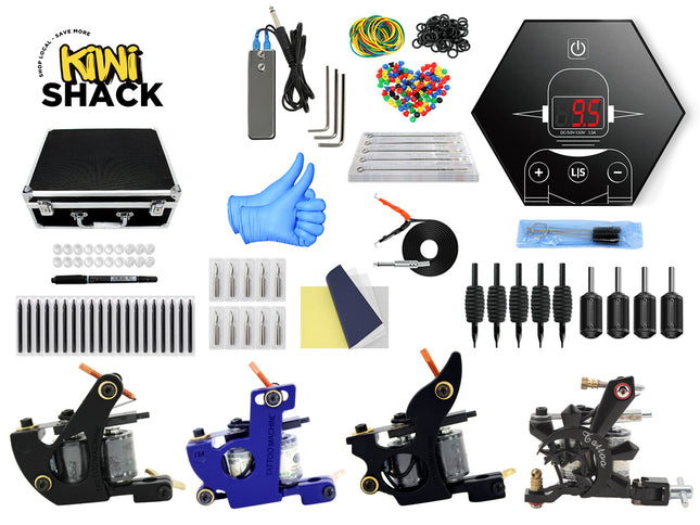 Collection of tattooing equipment with 'Kiwi Shack' logo on a white background
