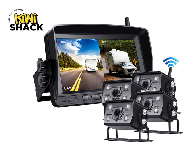 Cameras and monitor system with Kiwi Shack logo on a white background