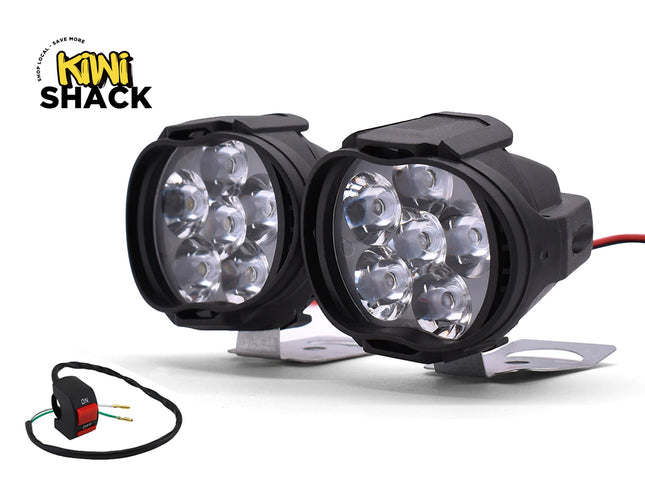 Pair of LED fog lights with wiring harness on a white background, featuring the Kiwi Shack brand.
