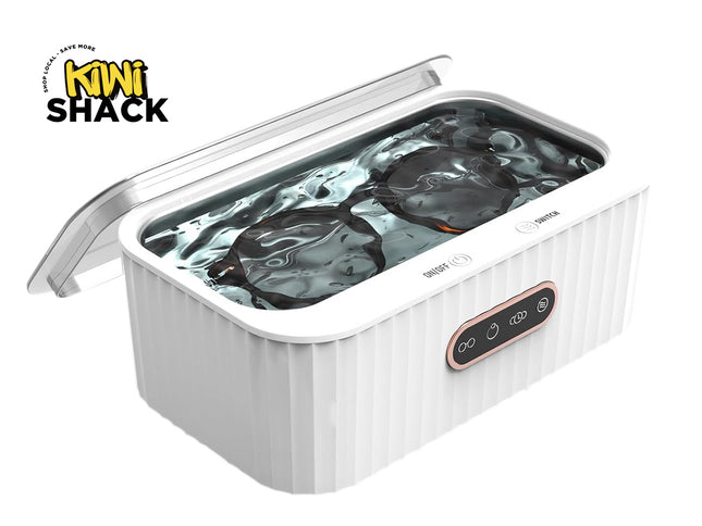 Digital ultrasonic cleaner with sunglasses inside on a white background, featuring the Kiwi Shack brand.
