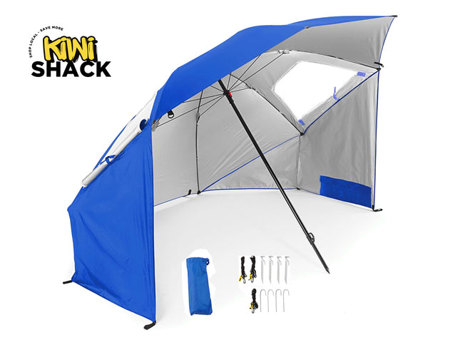 Blue and gray umbrella tent with Kiwi Shack logo on a white background