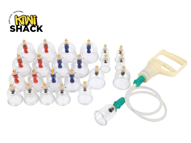 Cupping therapy set with suction pump on a white background, branded as Kiwi Shack.