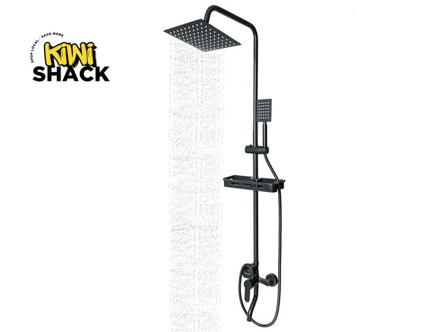 Black shower set with rain shower head and control handle on a white background, featuring the Kiwi Shack logo.
