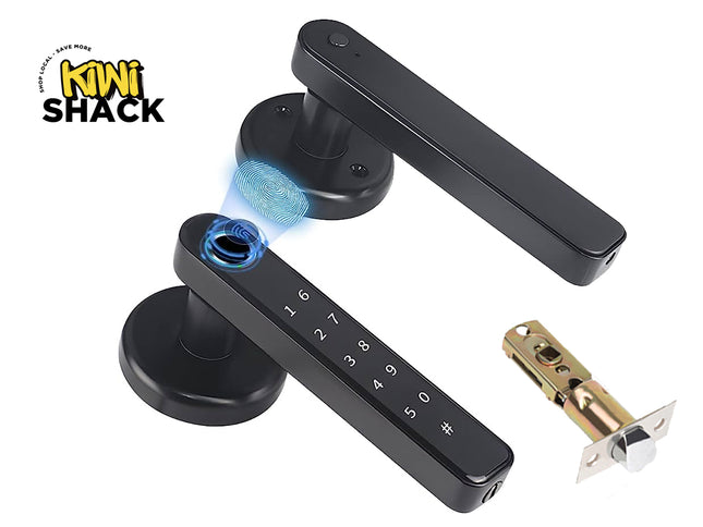 Black digital door handle with keypad and lock mechanism on a white background, featuring the Kiwi Shack brand.