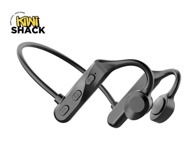 Black wireless earbuds with a Kiwi Shack logo on a white background