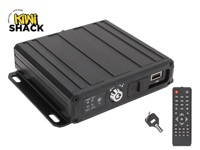 Black electronic device with USB port and remote control on a white background, featuring Kiwi Shack logo.