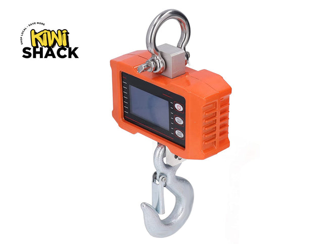 Orange digital hanging scale with a hook on a white background, branded 'Kiwi Shack'.