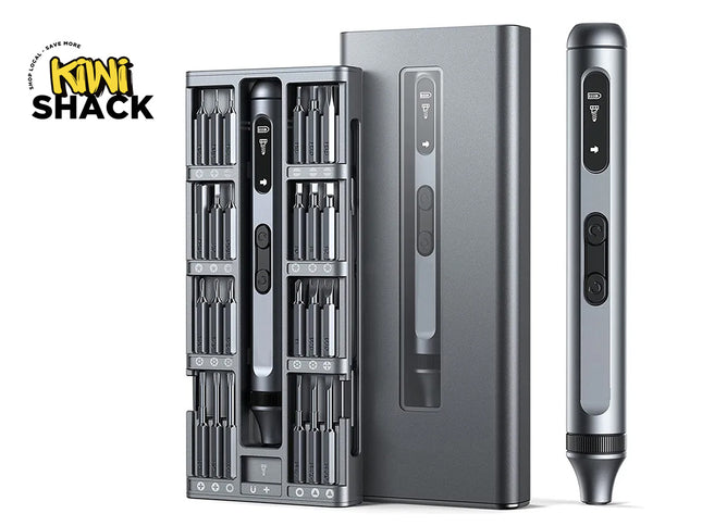 Silver electronic device with multiple components and a Kiwi Shack logo.