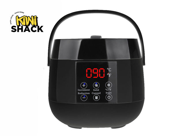 Black food warmer with digital display on a white background, featuring the Kiwi Shack logo.