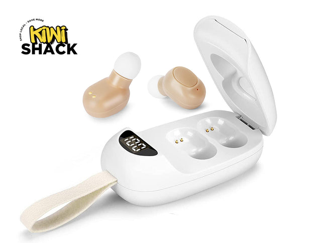 White hearing aid case with two beige hearing aids on a white background, featuring the Kiwi Shack logo.