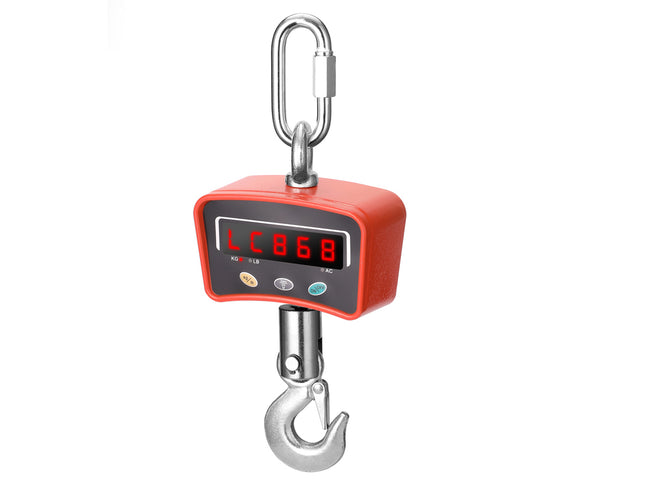Digital hanging scale with red display on a white background
