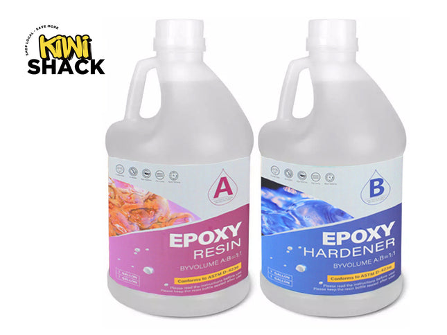 Two bottles of epoxy resin and hardener with Kiwi Shack logo on a white background