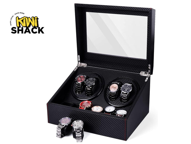 Black watch box with multiple watches displayed, featuring the Kiwi Shack brand.