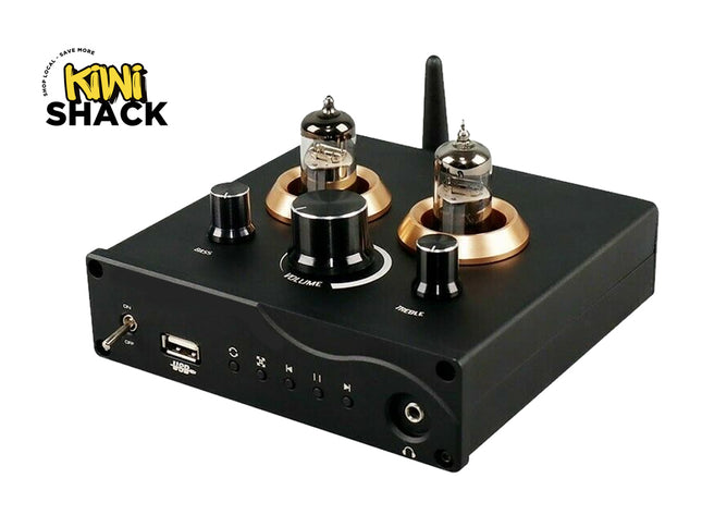 Audio amplifier with vacuum tubes on a white background, featuring the Kiwi Shack logo.