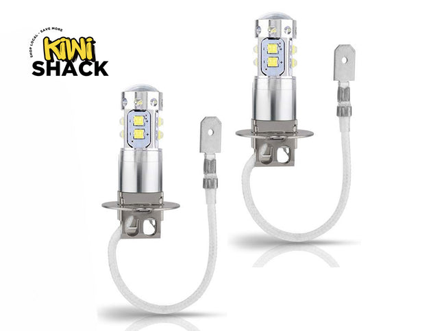 Two LED car bulbs with connectors on a white background, branded 'Kiwi Shack'.