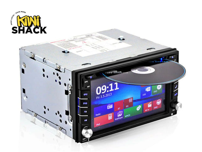 Car multimedia player with touchscreen display on a white background, branded 'Kiwi Shack'.