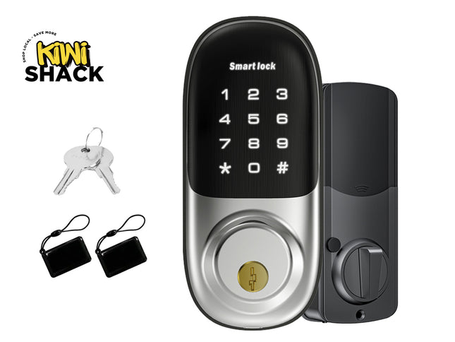 Smart lock with keypad, keys, and keychains on a white background, featuring the Kiwi Shack brand.