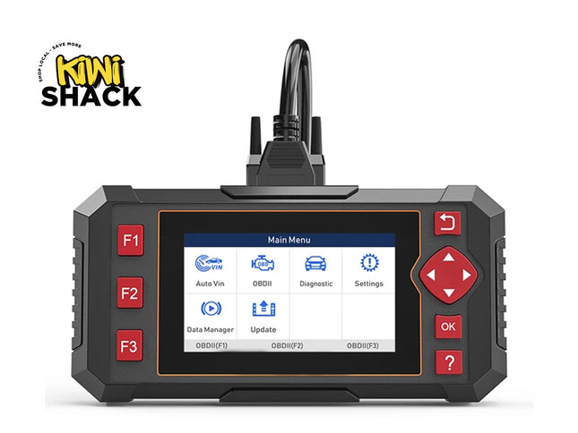 Car diagnostic tool with screen displaying menu options on a white background, featuring the Kiwi Shack brand.