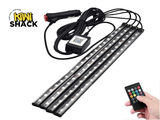 LED light bar set with remote control and power adapter on a white background, branded 'Kiwi Shack'.
