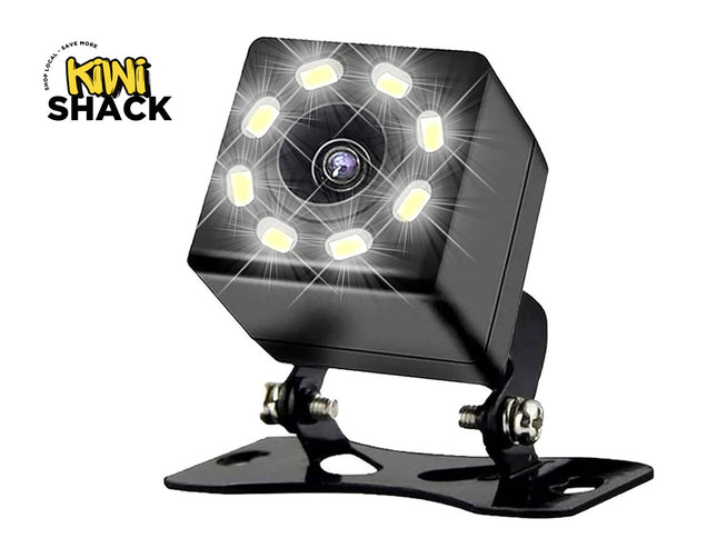 Black camera with LED lights on a white background, branded as Kiwi Shack.