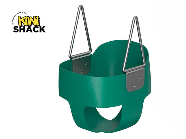 Green swing seat with metal chains on a white background, featuring the Kiwi Shack logo.