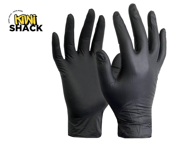 Black gloves on a white background with Kiwi Shack logo.