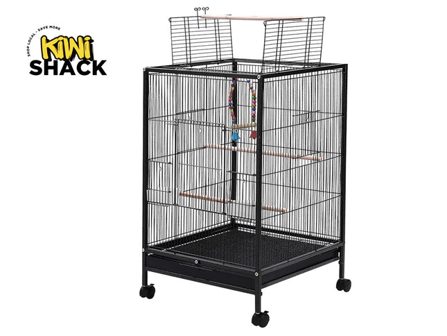 Black bird cage with perches and a stand, branded 'Kiwi Shack', on a white background.