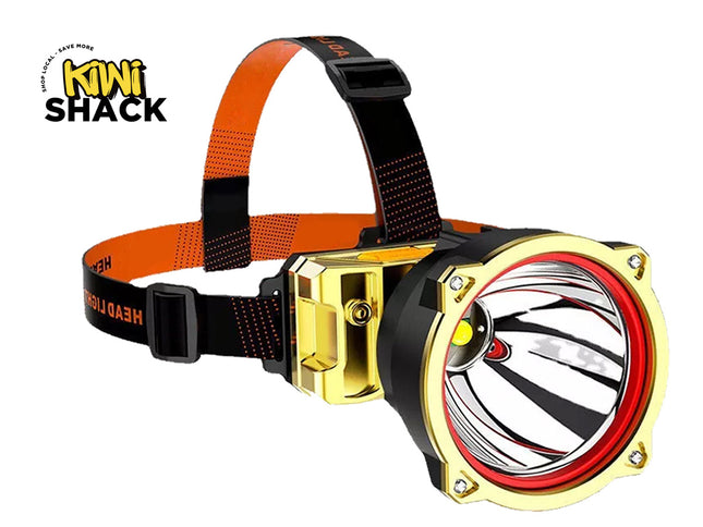 Headlamp with gold and black design on a white background, featuring the Kiwi Shack brand.