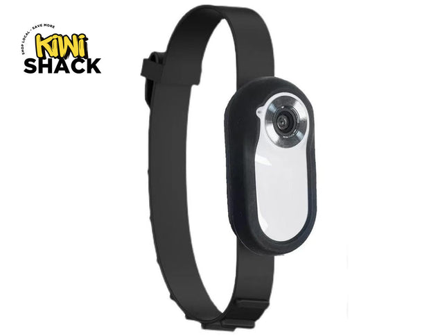 Black and white camera device with strap on a white background, featuring Kiwi Shack logo.
