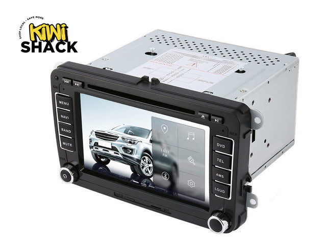 Car multimedia player with screen displaying a car image, branded as Kiwi Shack.