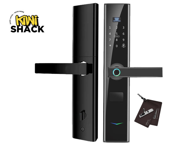 Digital door lock with keypad and keycard on a white background, branded 'Kiwi Shack'.