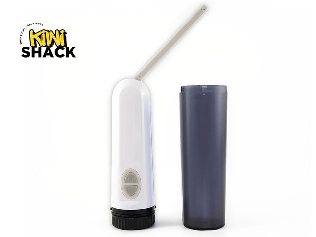 White and black electronic device with a gray cover on a white background, featuring the Kiwi Shack logo.