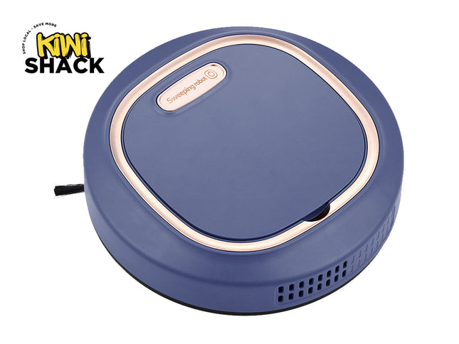 Blue robot vacuum cleaner with 'Kiwi Shack' branding on a white background