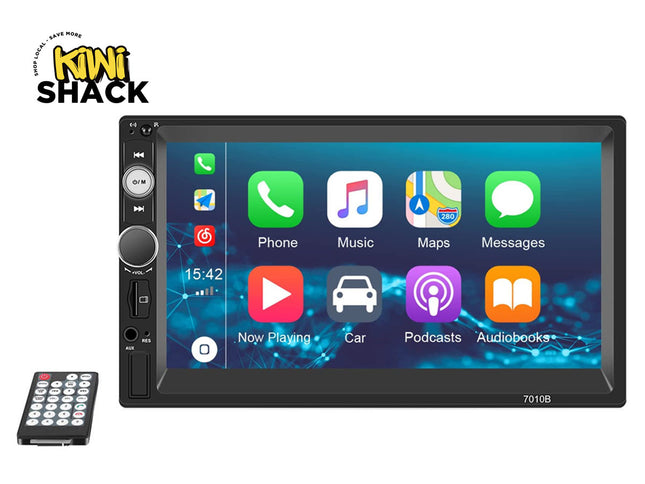 Car multimedia system with touchscreen display and remote control, branded as Kiwi Shack.