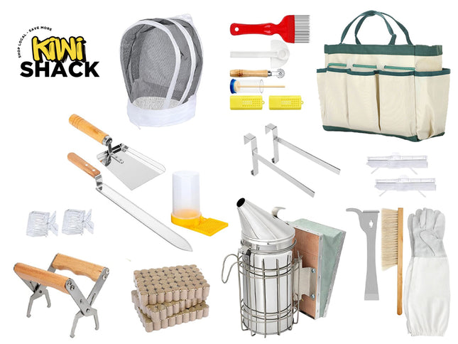 Collection of beekeeping tools with Kiwi Shack logo on a white background