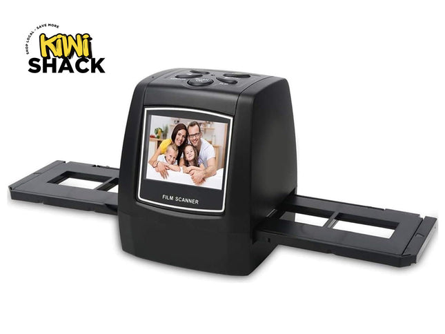 Film scanner with a display showing a family photo, branded as Kiwi Shack.