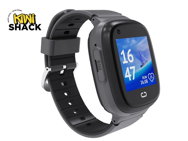 Black smartwatch with a colorful display on a white background, branded 'Kiwi Shack'.