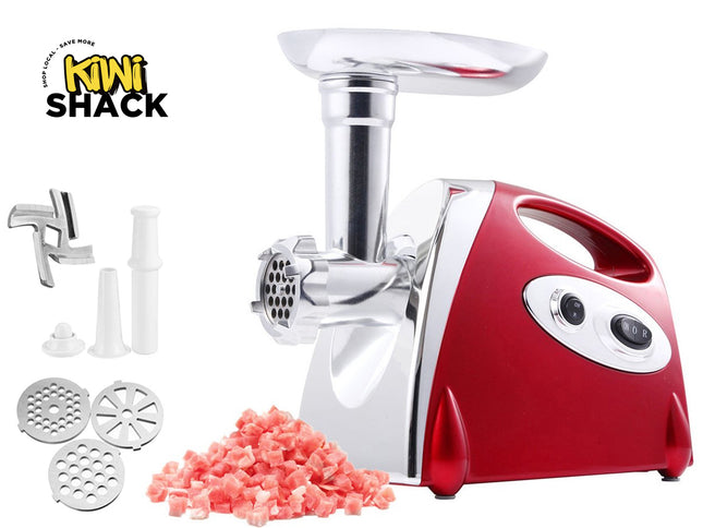 Red and silver meat grinder with attachments and ground meat on a white background, featuring the Kiwi Shack brand.
