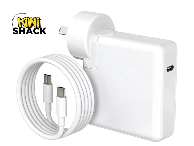 White power adapter with USB-C cable on a white background, featuring the Kiwi Shack logo.