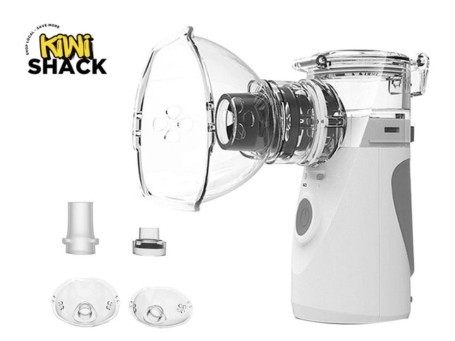 White and gray handheld inhaler device with clear cover on a white background, featuring the Kiwi Shack logo.