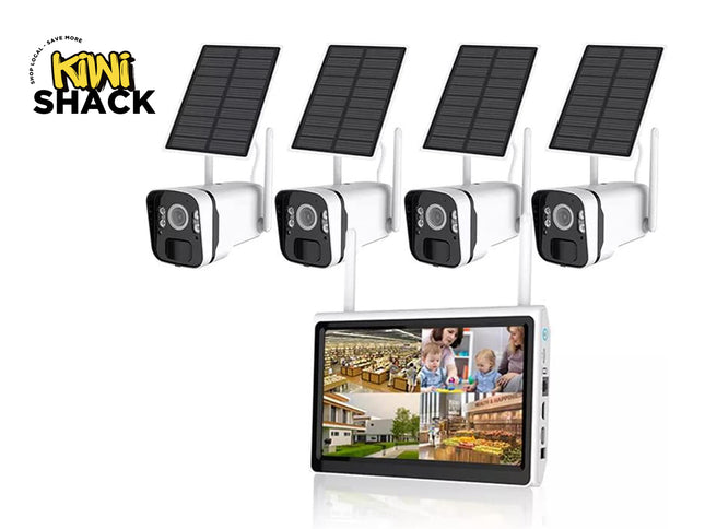 Four solar-powered security cameras with a monitor displaying video feed on a white background, featuring the Kiwi Shack brand.