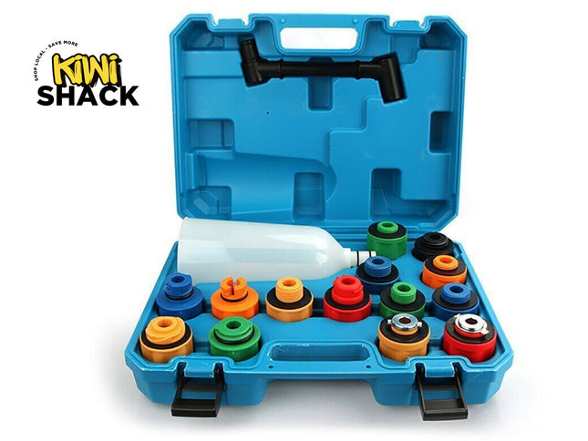 Set of colorful plumbing tools in a blue case with Kiwi Shack logo.