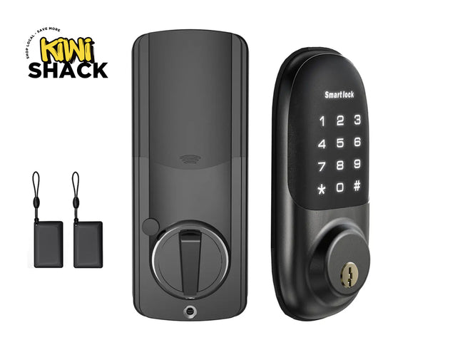 Smart lock with keypad and accessories on a white background, featuring Kiwi Shack logo.
