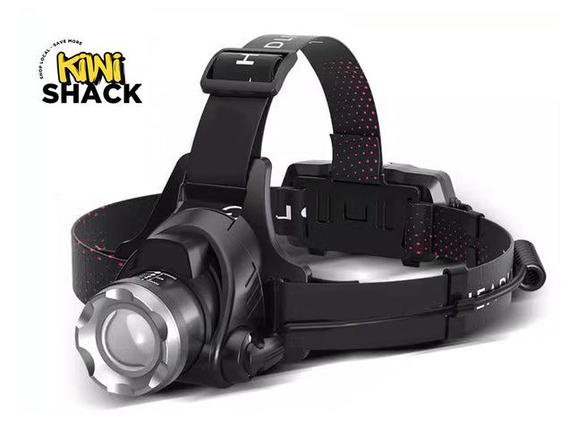 Black headlamp with adjustable strap on a white background, featuring the Kiwi Shack logo.