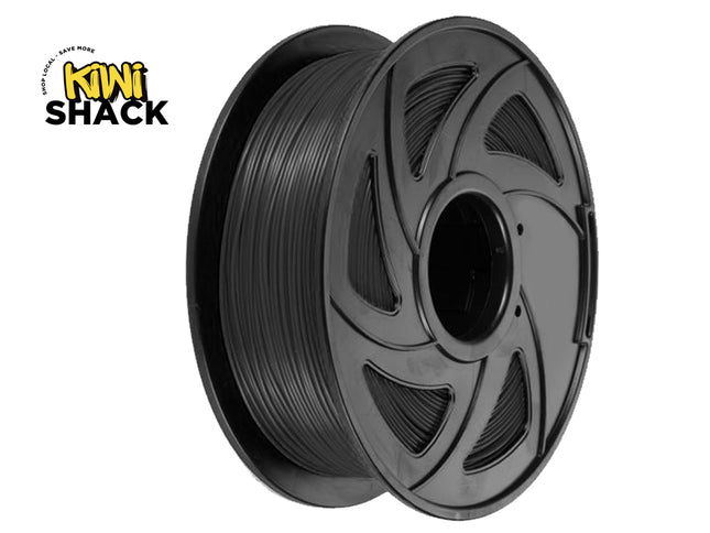 Spool of black filament with Kiwi Shack logo on a white background