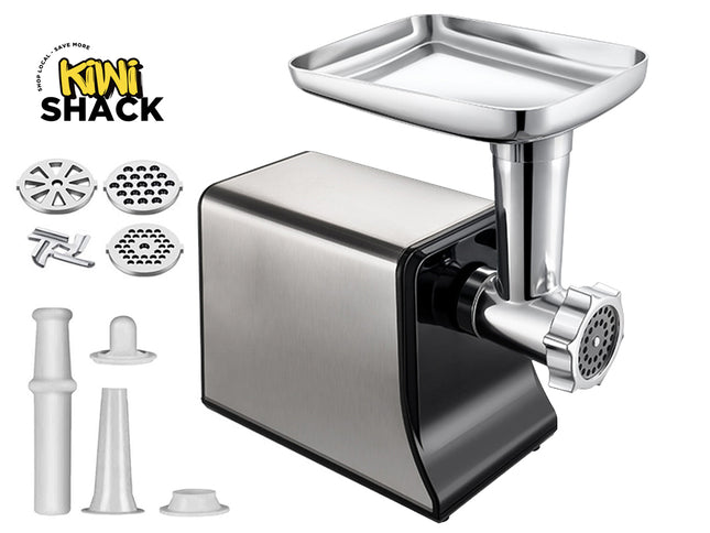 Stainless steel meat grinder with attachments on a white background, featuring the Kiwi Shack brand.