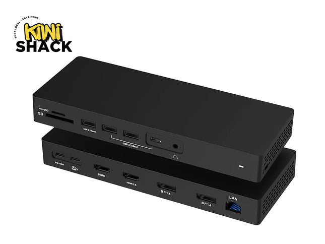 Black multi-port USB hub with multiple ports on a white background, featuring the Kiwi Shack logo.