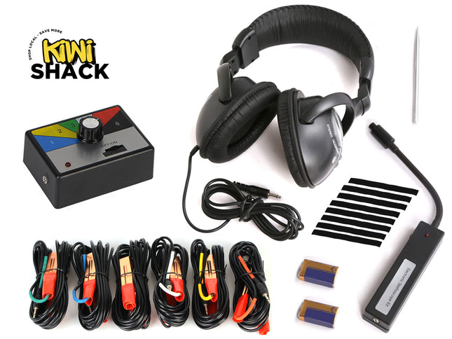 Set of electronic components and tools with a Kiwi Shack logo on a white background