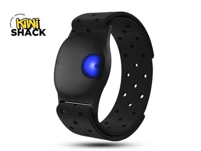 Black wristband with a blue light on a white background, branded 'Kiwi Shack'.