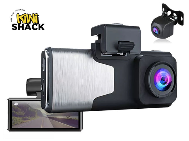 Car dashboard camera with a rearview camera and Kiwi Shack logo.